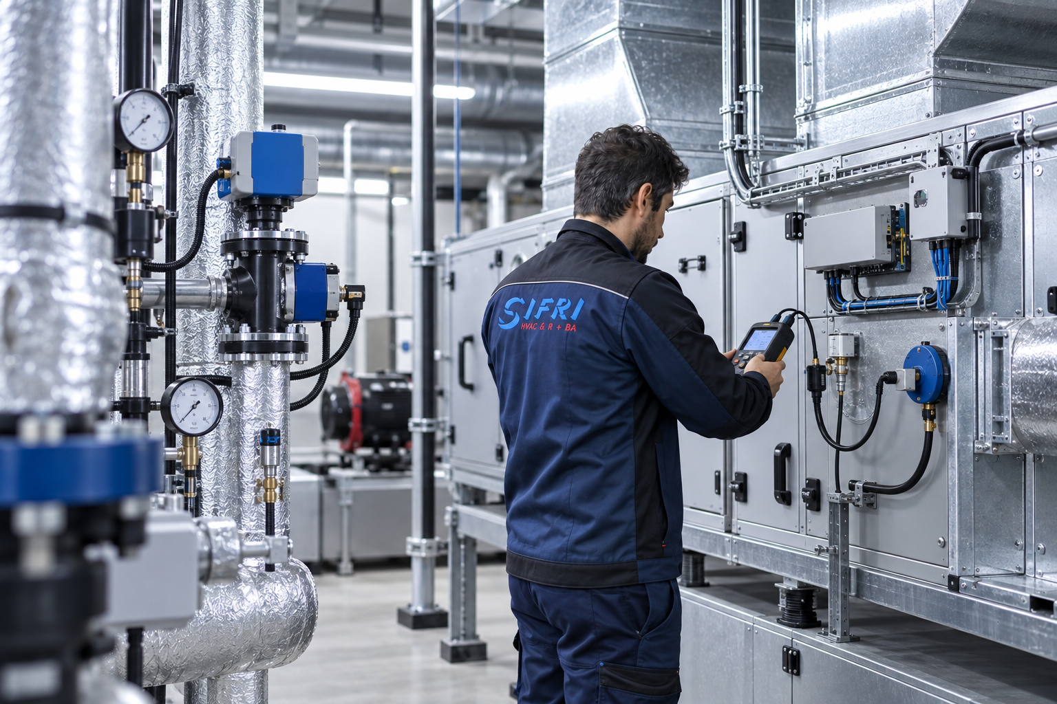 Técnico trabajando en un sistema de control y automatización HVAC